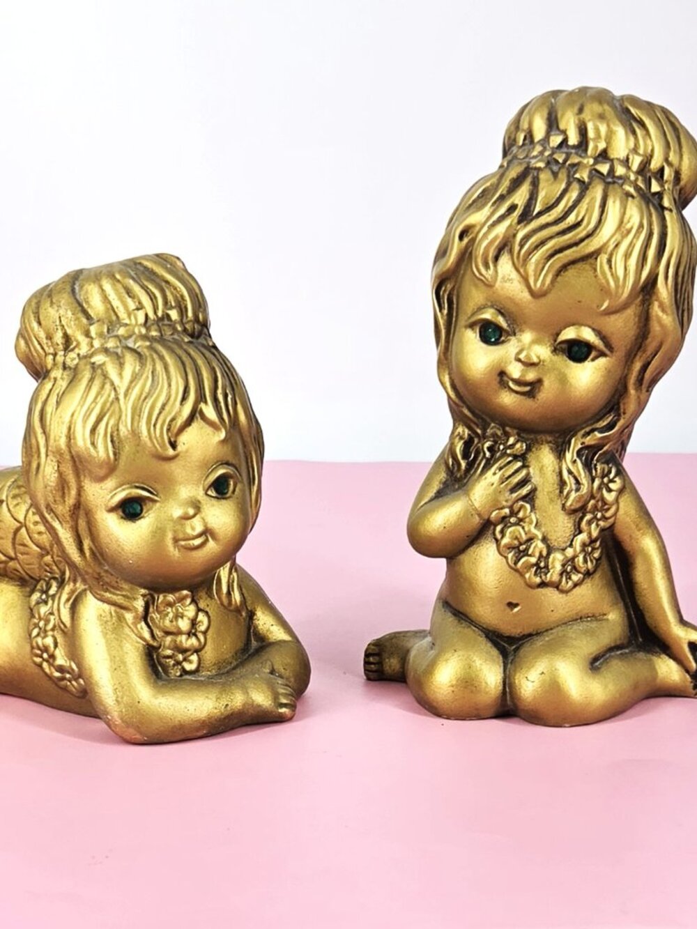1960s Kitschy Pair Dickson Gold Girls/Winged Cherubs Green Faceted Eyes Japan